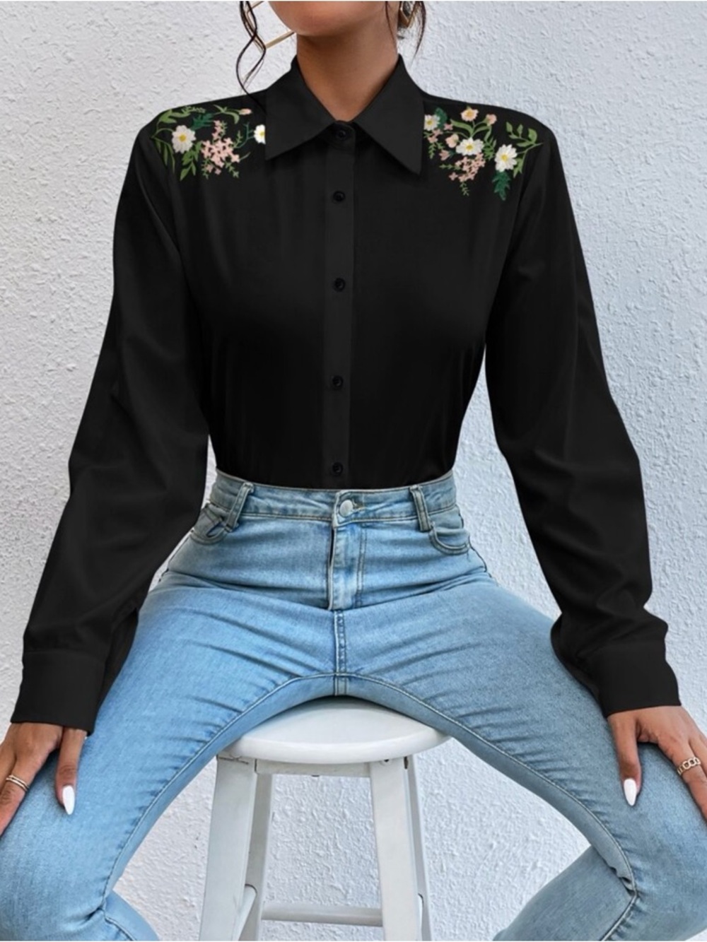 Black Floral Embroidered Long-Sleeve Button-Up Top